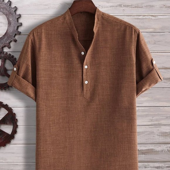 . Other - Coffee Brown Preppy Womens Men Half Button Roll Up Sleeve Shirt
